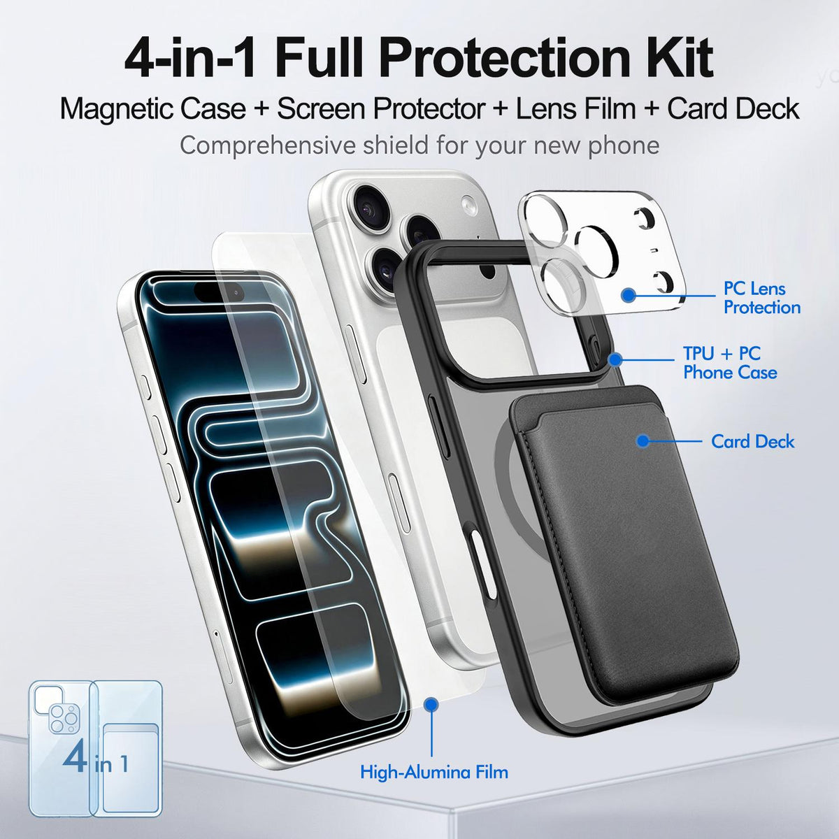 4 in 1 Set Magnetic Phone Case with Screen Film + Lens Protector + Card Bag Compatible with iPhone 18 Pro Max - Black