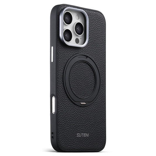 Compatible with iPhone 18 Pro Suteni G9 Large Lychee Pattern Magnetic Holder Phone Case - Black