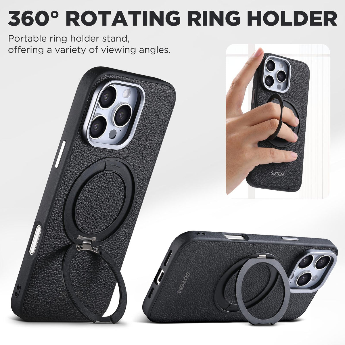 Compatible with iPhone 18 Pro Suteni G9 Large Lychee Pattern Magnetic Holder Phone Case - Black