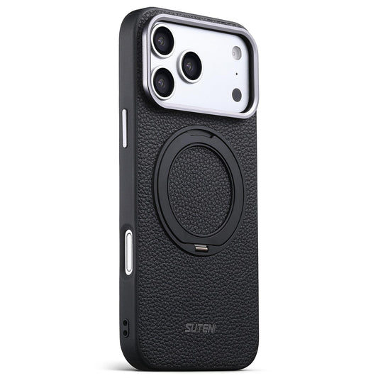 Compatible with iPhone 18 Pro Max Suteni G9 Large Lychee Pattern Magnetic Holder Phone Case - Black