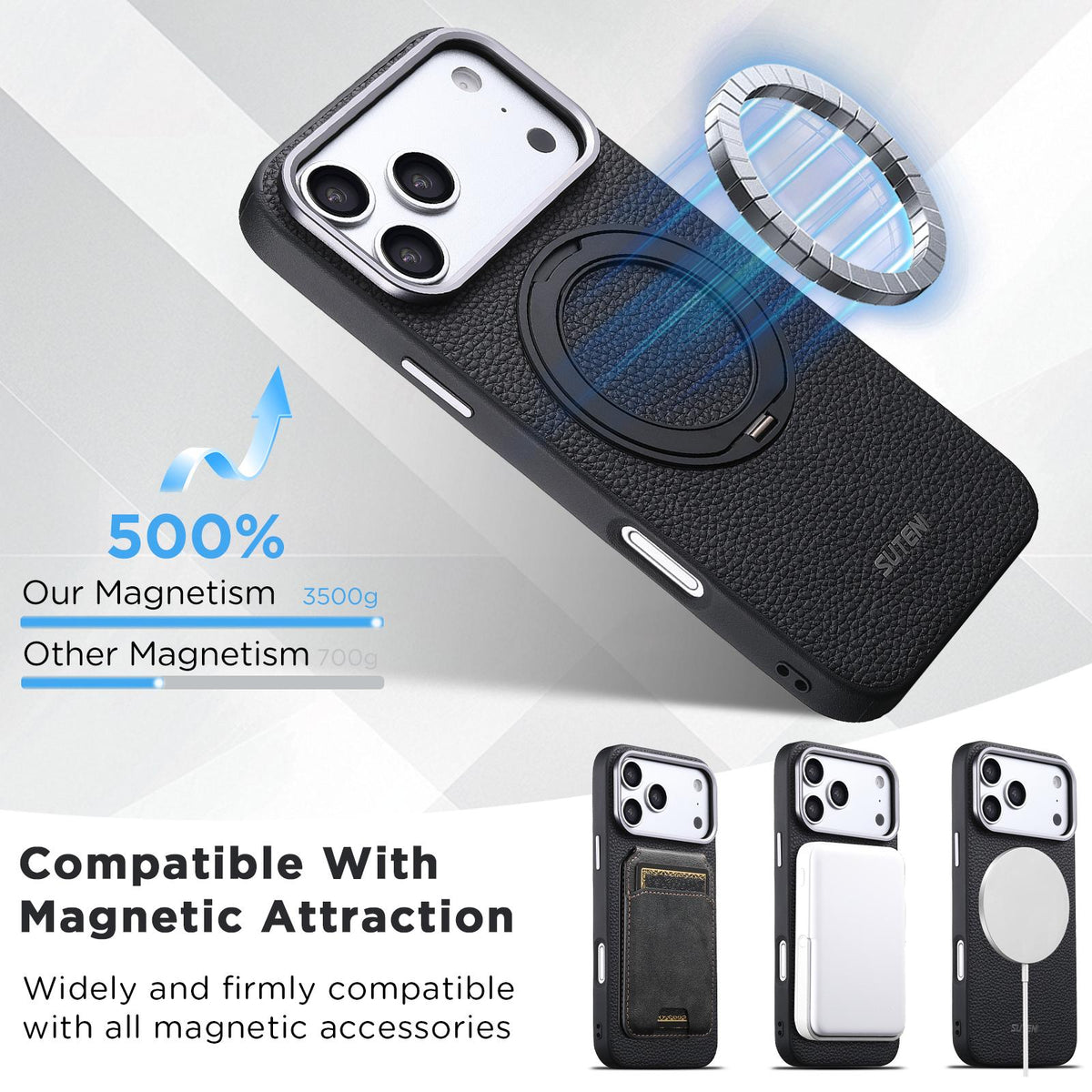 Compatible with iPhone 18 Pro Max Suteni G9 Large Lychee Pattern Magnetic Holder Phone Case - Black