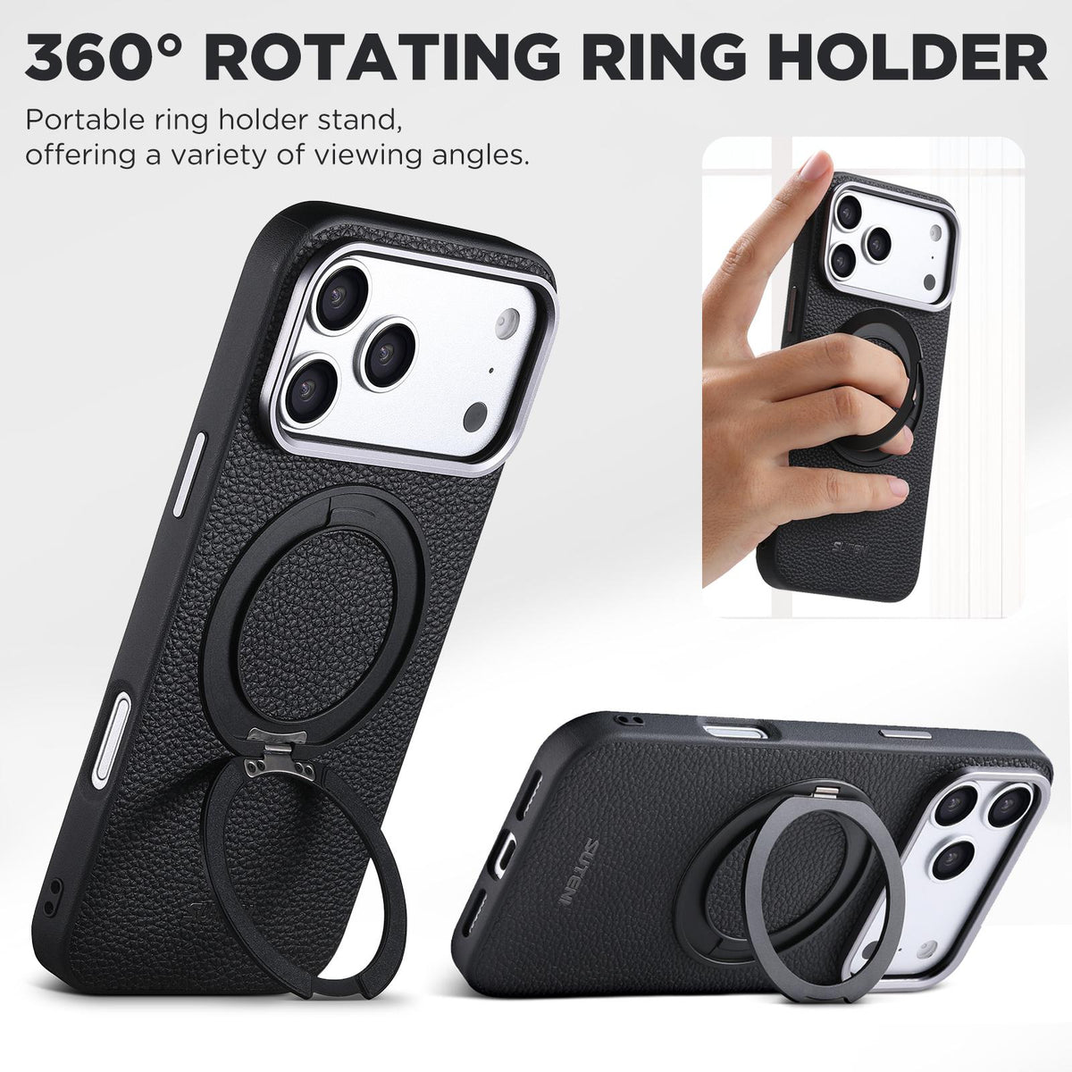 Compatible with iPhone 18 Pro Max Suteni G9 Large Lychee Pattern Magnetic Holder Phone Case - Black
