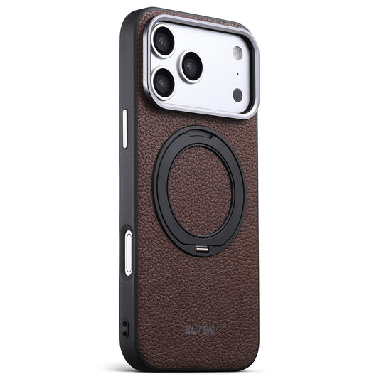 Compatible with iPhone 18 Pro Max Suteni G9 Large Lychee Pattern Magnetic Holder Phone Case - Brown
