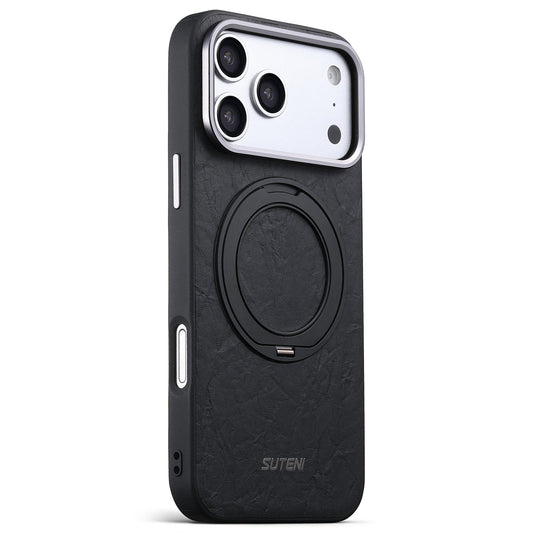 Compatible with iPhone 18 Pro Suteni G9 Rock Texture Magnetic Holder Phone Case - Black