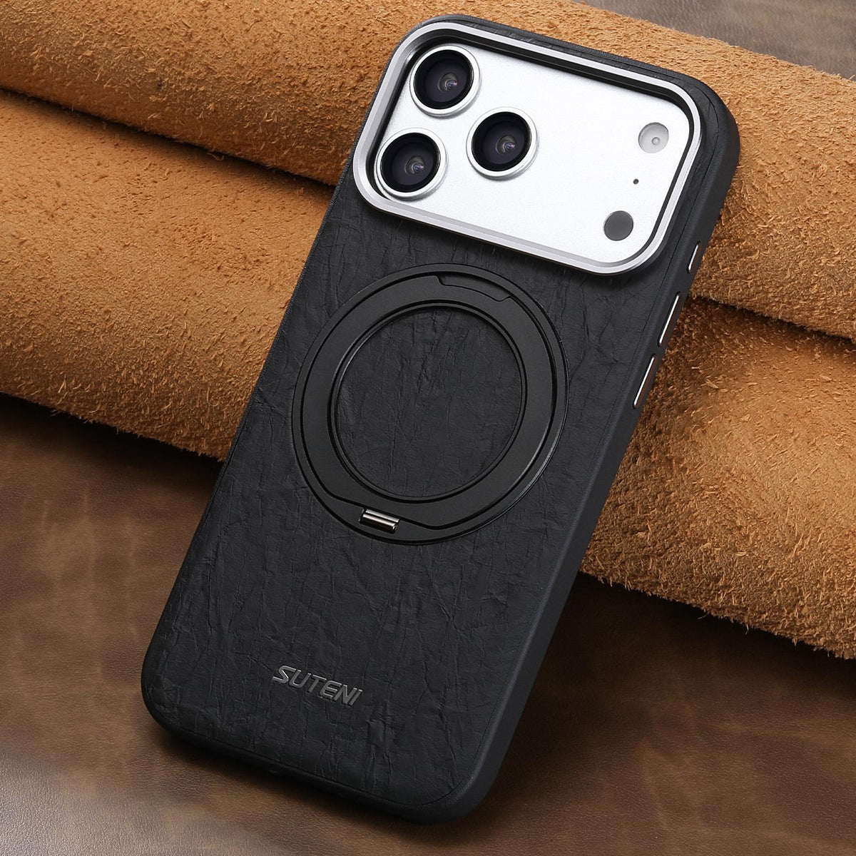 Compatible with iPhone 18 Pro Suteni G9 Rock Texture Magnetic Holder Phone Case - Black