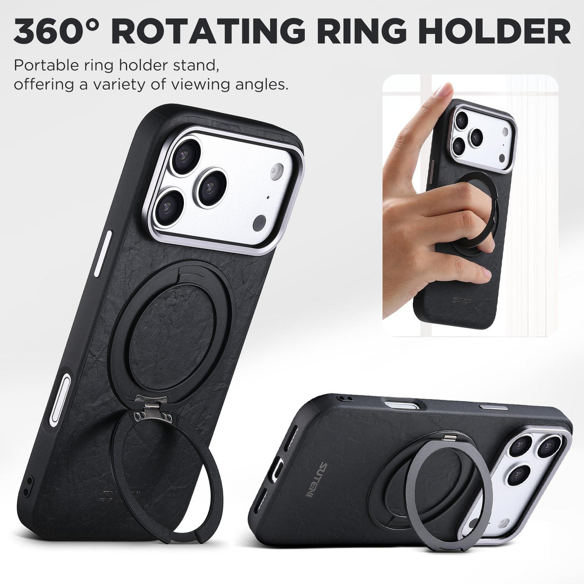Compatible with iPhone 18 Pro Suteni G9 Rock Texture Magnetic Holder Phone Case - Black