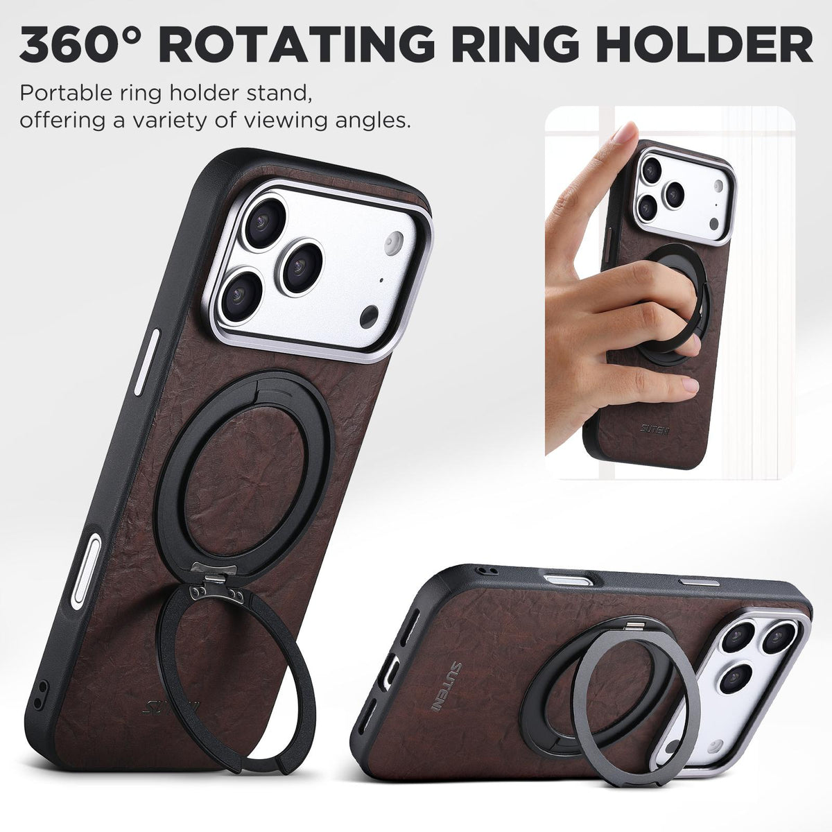 Compatible with iPhone 18 Pro Suteni G9 Rock Texture Magnetic Holder Phone Case - Brown