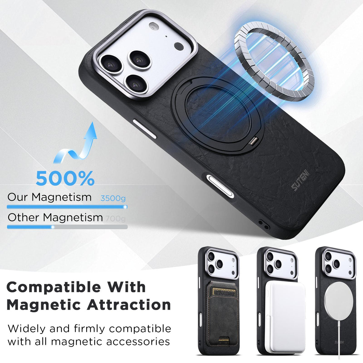 Compatible with iPhone 18 Pro Max Suteni G9 Rock Texture Magnetic Holder Phone Case - Black