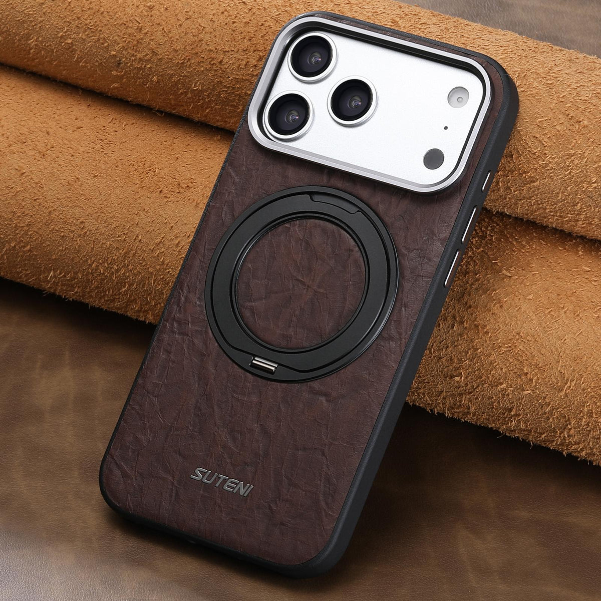 Compatible with iPhone 18 Pro Max Suteni G9 Rock Texture Magnetic Holder Phone Case - Brown