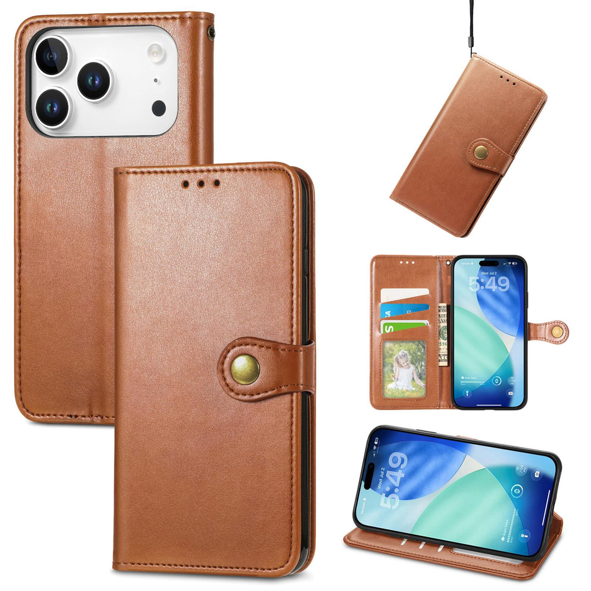 Compatible with iPhone 18 Pro Retro Solid Color Buckle Leather Phone Case - Brown