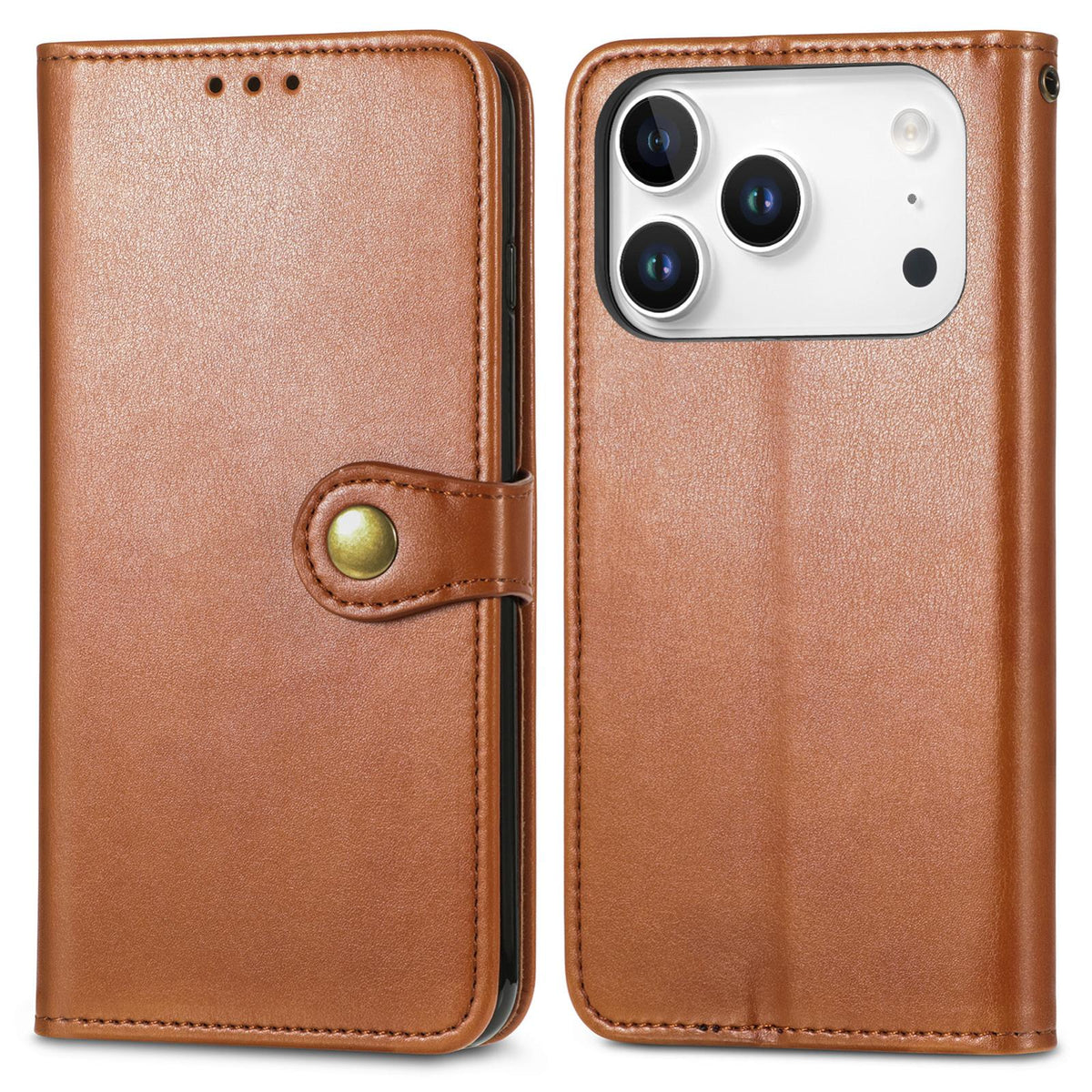 Compatible with iPhone 18 Pro Retro Solid Color Buckle Leather Phone Case - Brown