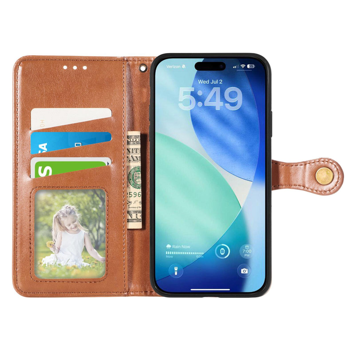 Compatible with iPhone 18 Pro Retro Solid Color Buckle Leather Phone Case - Brown