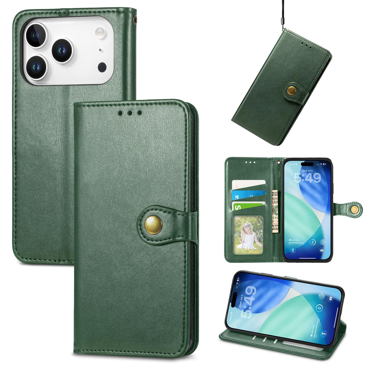 Compatible with iPhone 18 Pro Retro Solid Color Buckle Leather Phone Case - Green
