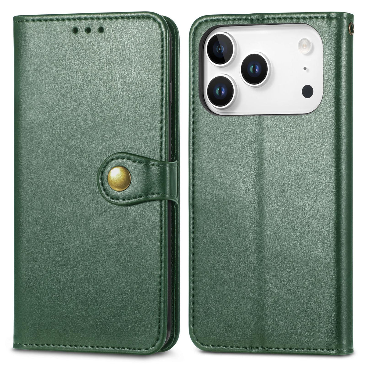 Compatible with iPhone 18 Pro Retro Solid Color Buckle Leather Phone Case - Green