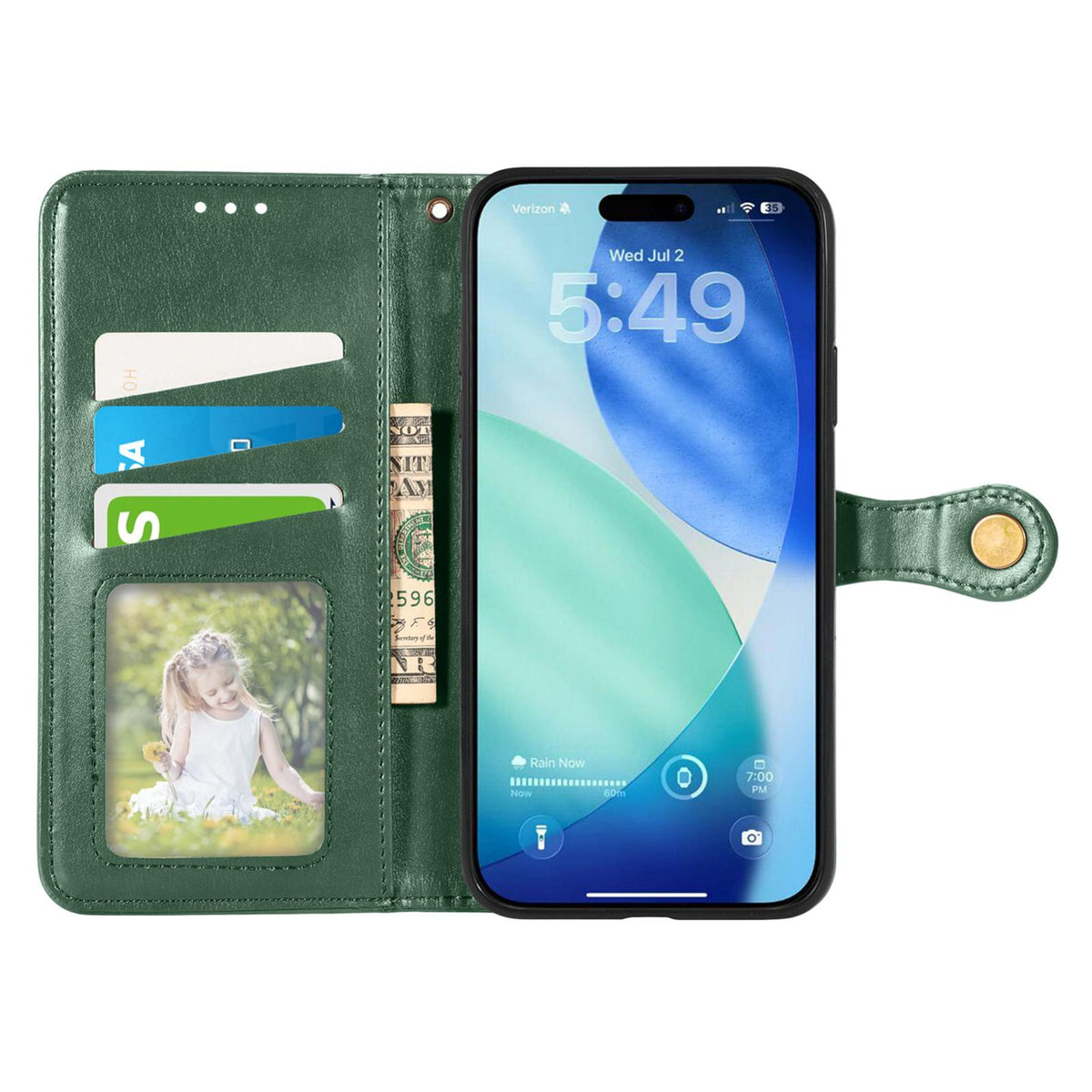 Compatible with iPhone 18 Pro Retro Solid Color Buckle Leather Phone Case - Green