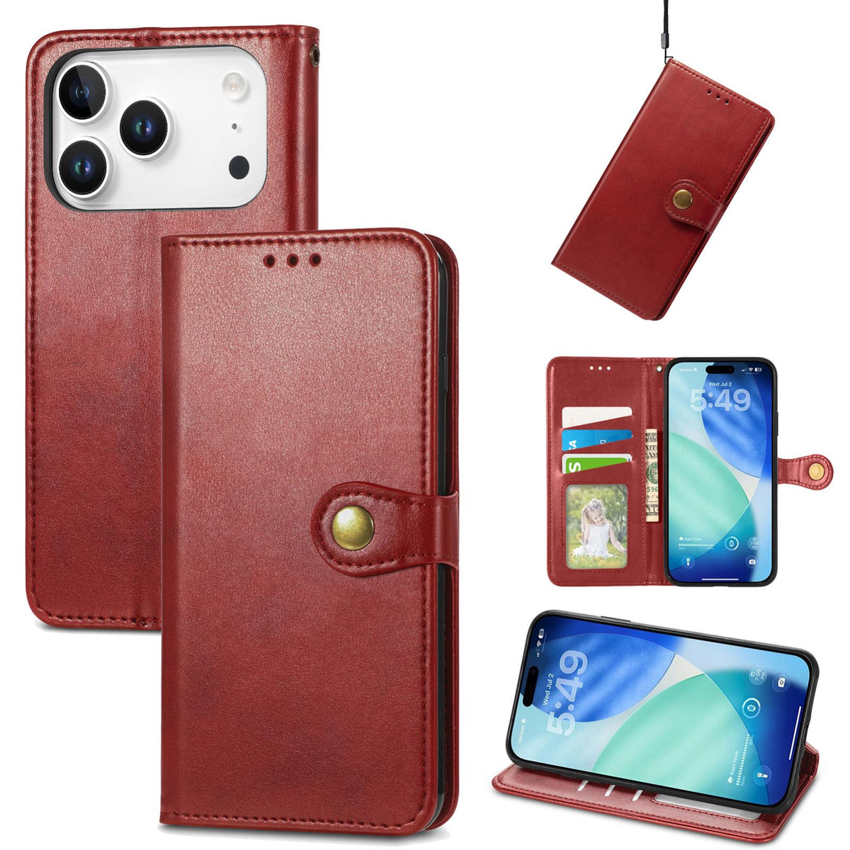Compatible with iPhone 18 Pro Retro Solid Color Buckle Leather Phone Case - Red
