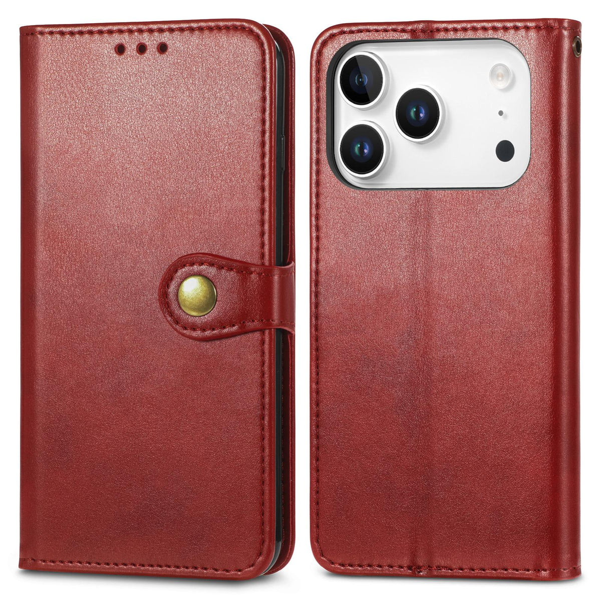 Compatible with iPhone 18 Pro Retro Solid Color Buckle Leather Phone Case - Red