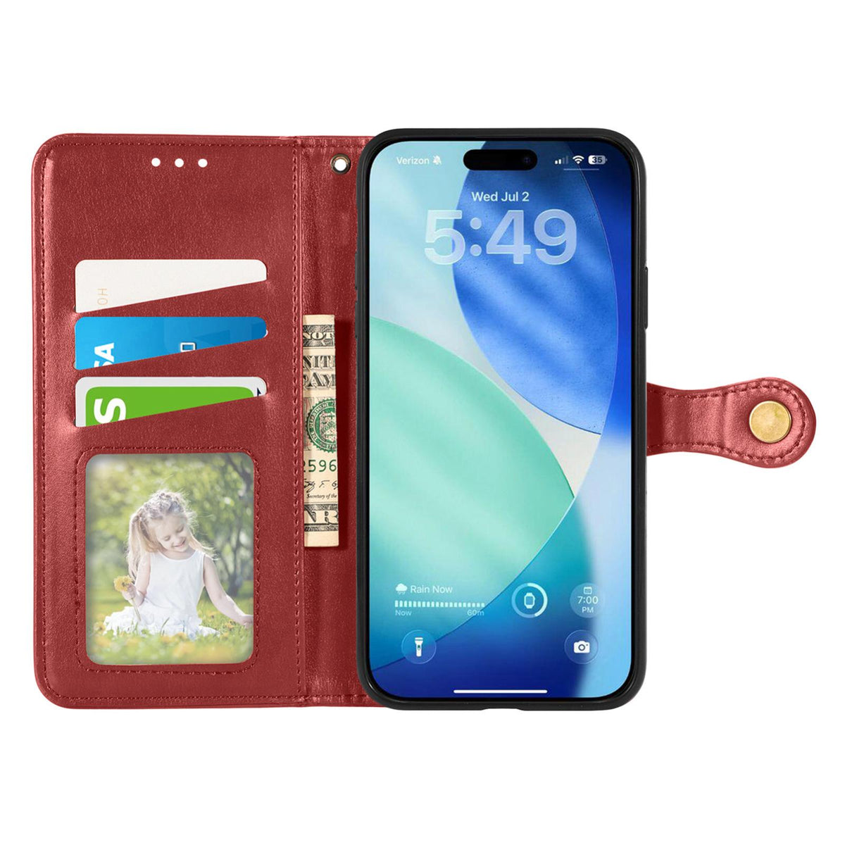 Compatible with iPhone 18 Pro Retro Solid Color Buckle Leather Phone Case - Red