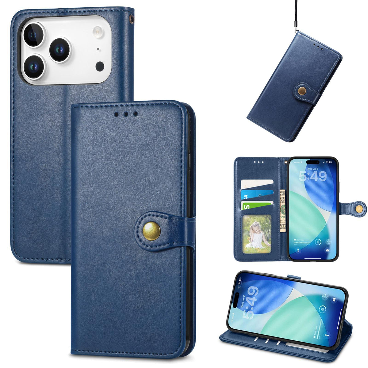 Compatible with iPhone 18 Pro Retro Solid Color Buckle Leather Phone Case - Blue