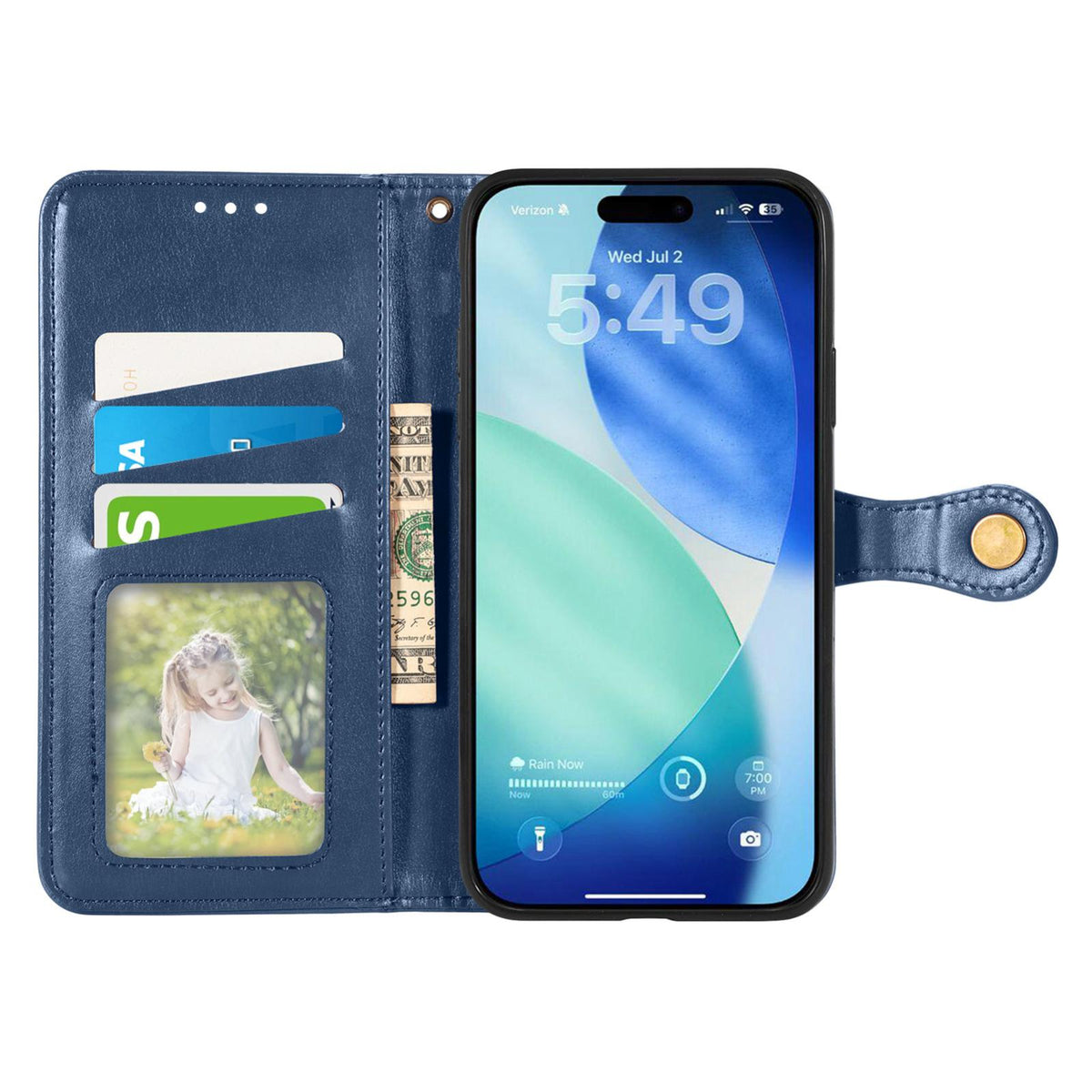 Compatible with iPhone 18 Pro Retro Solid Color Buckle Leather Phone Case - Blue