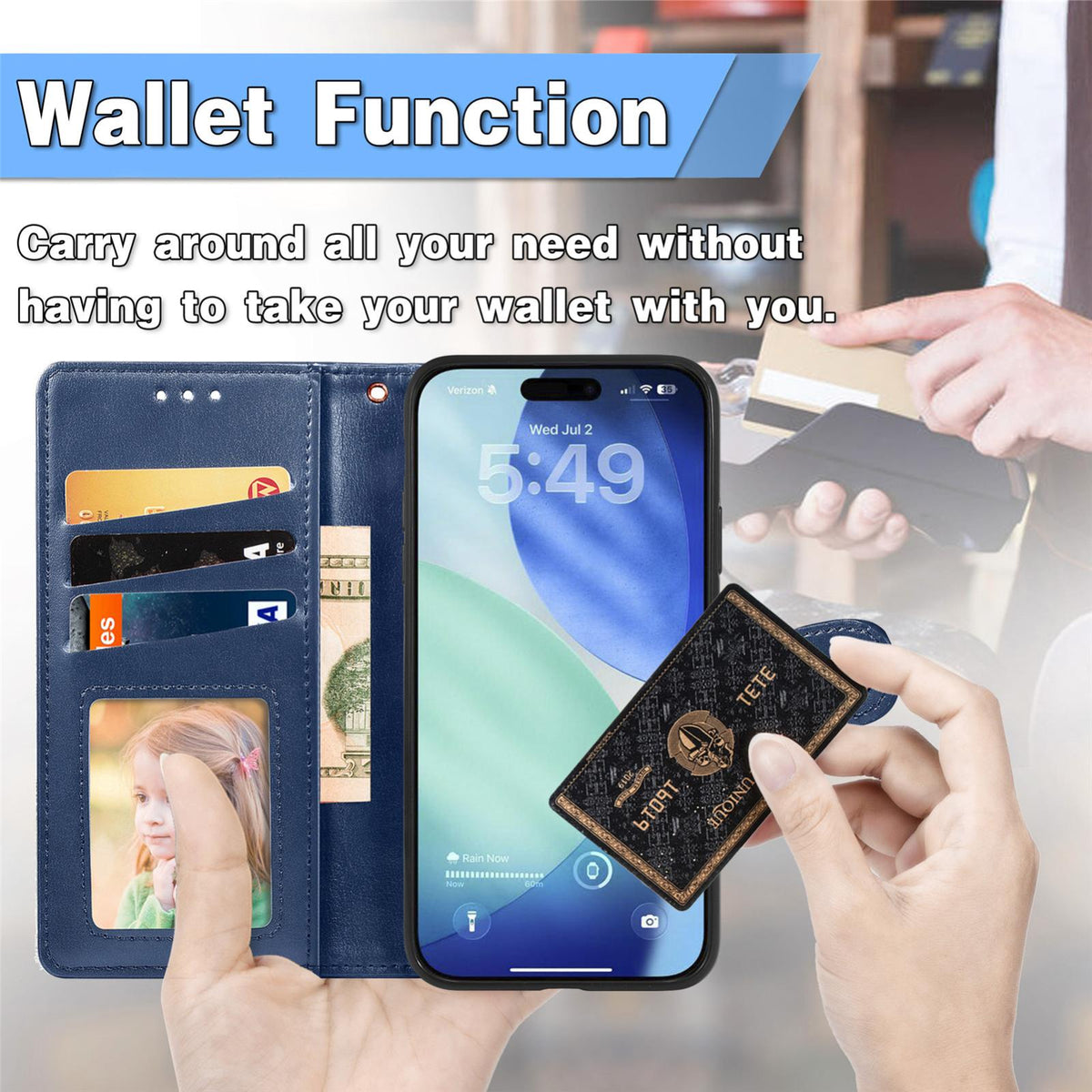 Compatible with iPhone 18 Pro Retro Solid Color Buckle Leather Phone Case - Blue