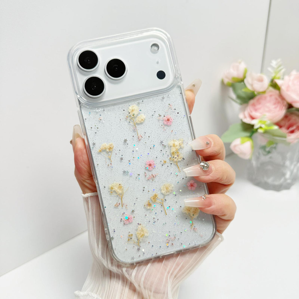 Compatible with iPhone 18 Pro Max Gypsophila Flowers Pattern TPU Protective Phone Case - Pink