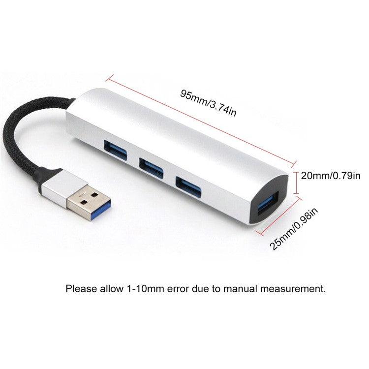 T-552 4Ports USB3.0 Hub Aluminium Alloy Expander Adapter High Speed Transmission Data Sync Convertor Compatible with Mouse/Keyboard/Mobile Hard Disk - Silver