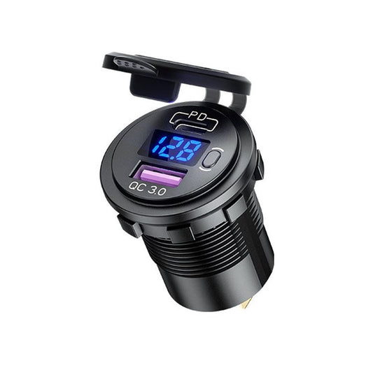 12-24V Car Charger Adapter PD USB Dual Port Quick Charge Phone Charger with Voltage Display - Blue Light