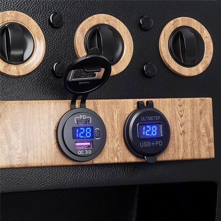 12-24V Car Charger Adapter PD USB Dual Port Quick Charge Phone Charger with Voltage Display - Blue Light