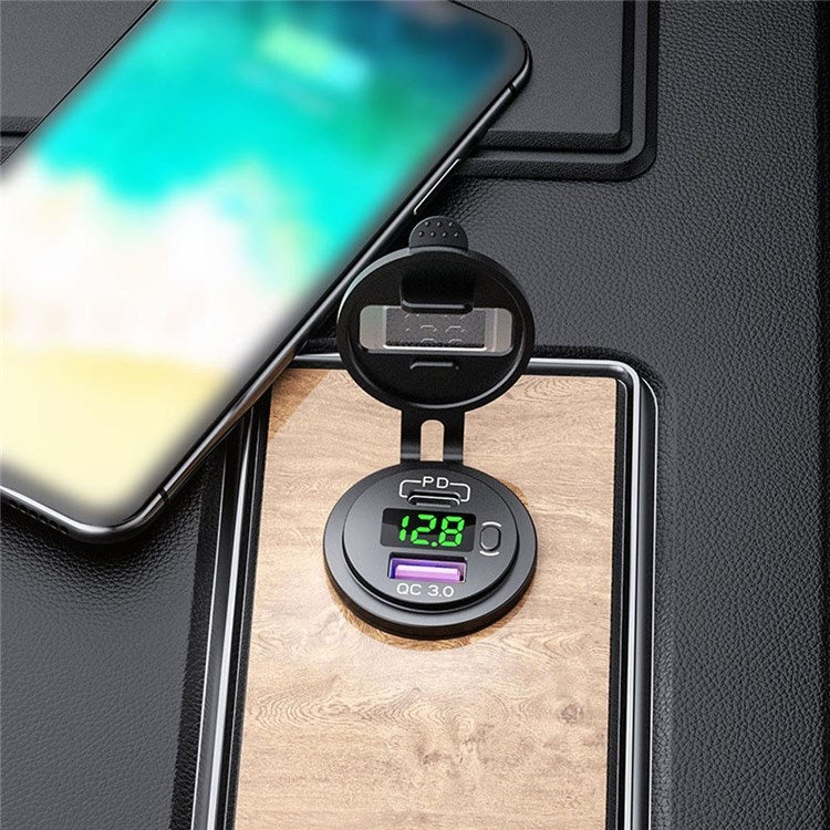 12-24V Car Charger Adapter PD USB Dual Port Quick Charge Phone Charger with Voltage Display - Blue Light