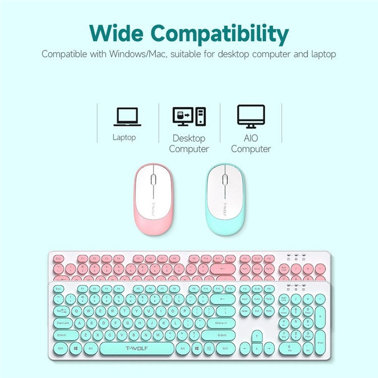 T-WOLF TF770 2.4G Wireless Keyboard Mouse Round Keycap Comfortable Mute Typing Keyboard Mouse Set - Blue