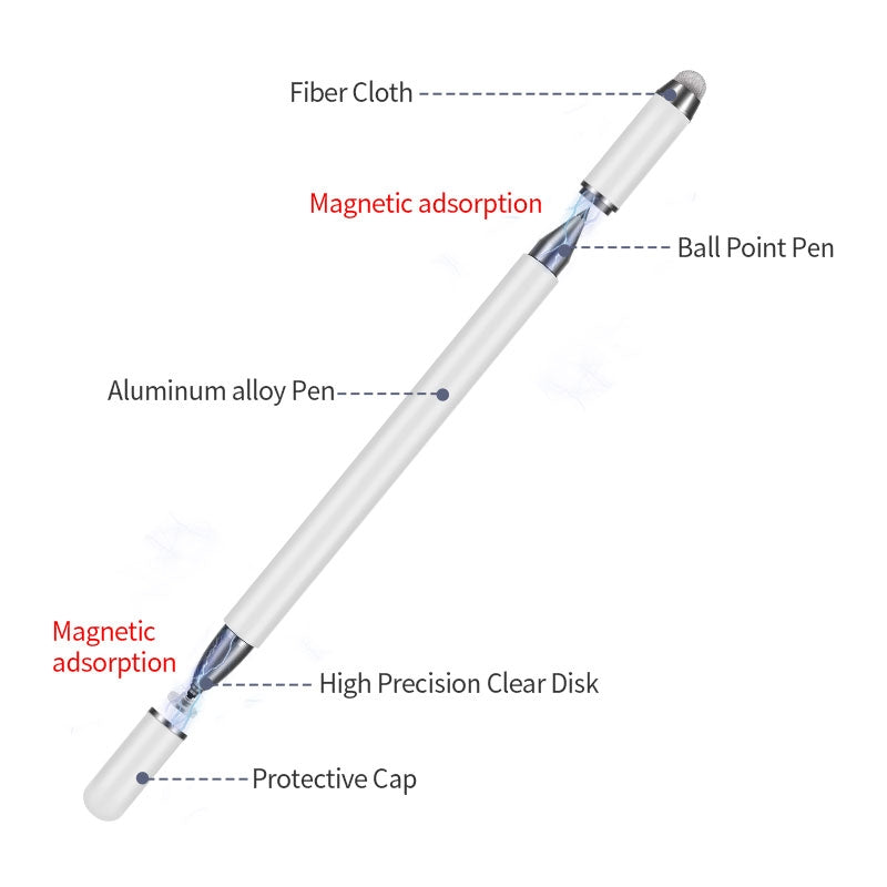 JB03 Universal Magnetic Pen Cap Pan Head + Fiber Cloth + Ball Point Pen 3 in 1 Stylus Pen for Smart Tablets and Mobile Phones (White)