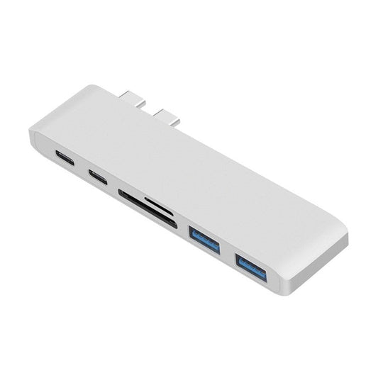 6-in-1 Dual Male Type-C Port to 2 Female Type-C Ports + for SD/TF Card Reader + 2 USB 3.0 Ports Hub Adapter - Silver