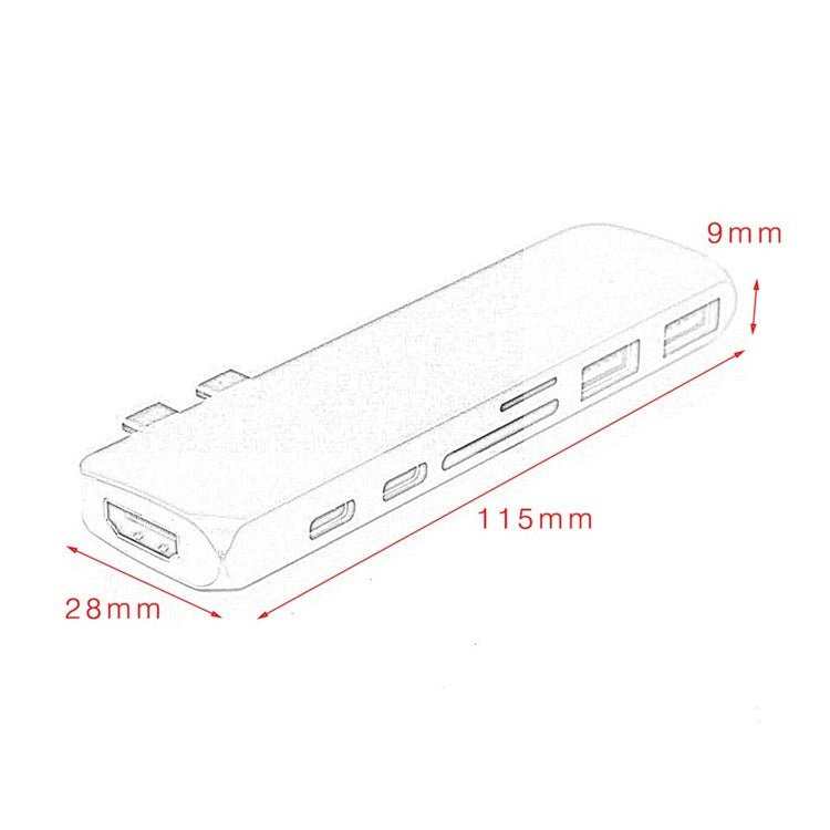 7-in-1 Dual USB-C Port to Thunderbolt 3/4K HDMI/USB-C/2xUSB3.0/SD/MicroSD Hub Adapter for MacBook Pro - Silver
