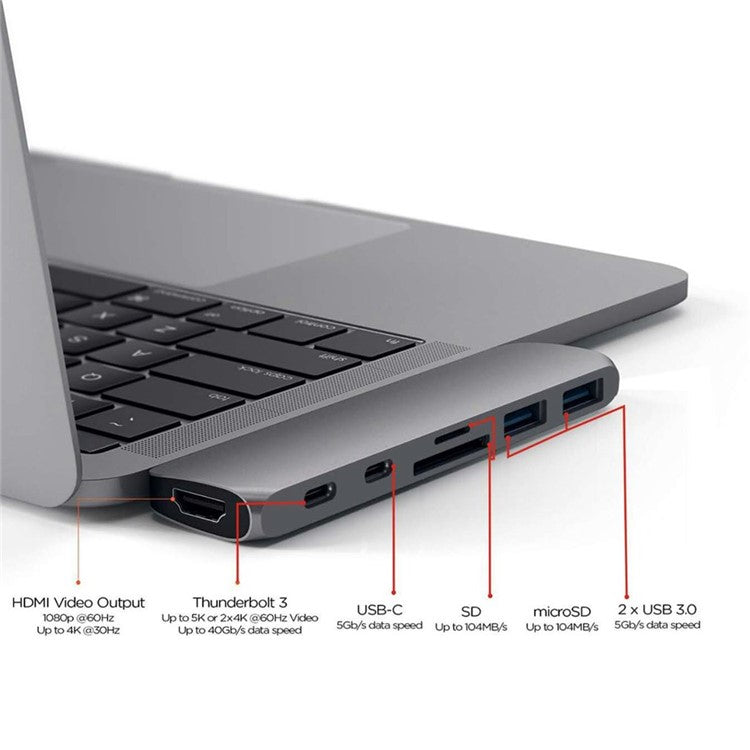 7-in-1 Aluminum USB Type-C Port to Thunderbolt 3/4K HDMI/USB-C/2xUSB3.0/SD/MicroSD Hub Adapter for MacBook Pro - Grey