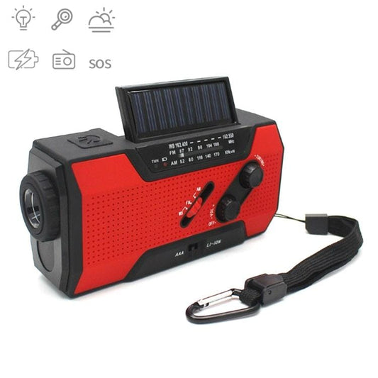 Multifunctional Hand Crank Solar Power LED Flashlight Full Band FM Radio Desk Lamp Alarm, Style:US Version NOAA (Red)