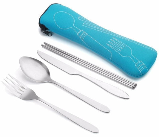 ASD88 4 Pcs/Set Stainless Steel Fork Spoon Chopsticks Travel Camping Cutlery Tools Tableware (Sky Blue)