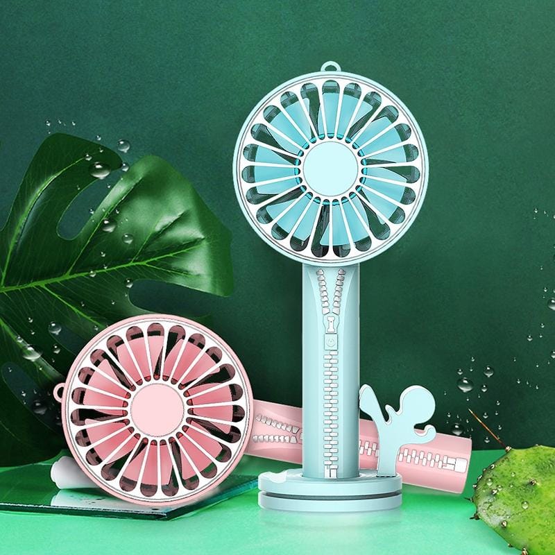 Zipper Fan USB Mini Handheld Fan Portable with Stand Base (Coral Blue)