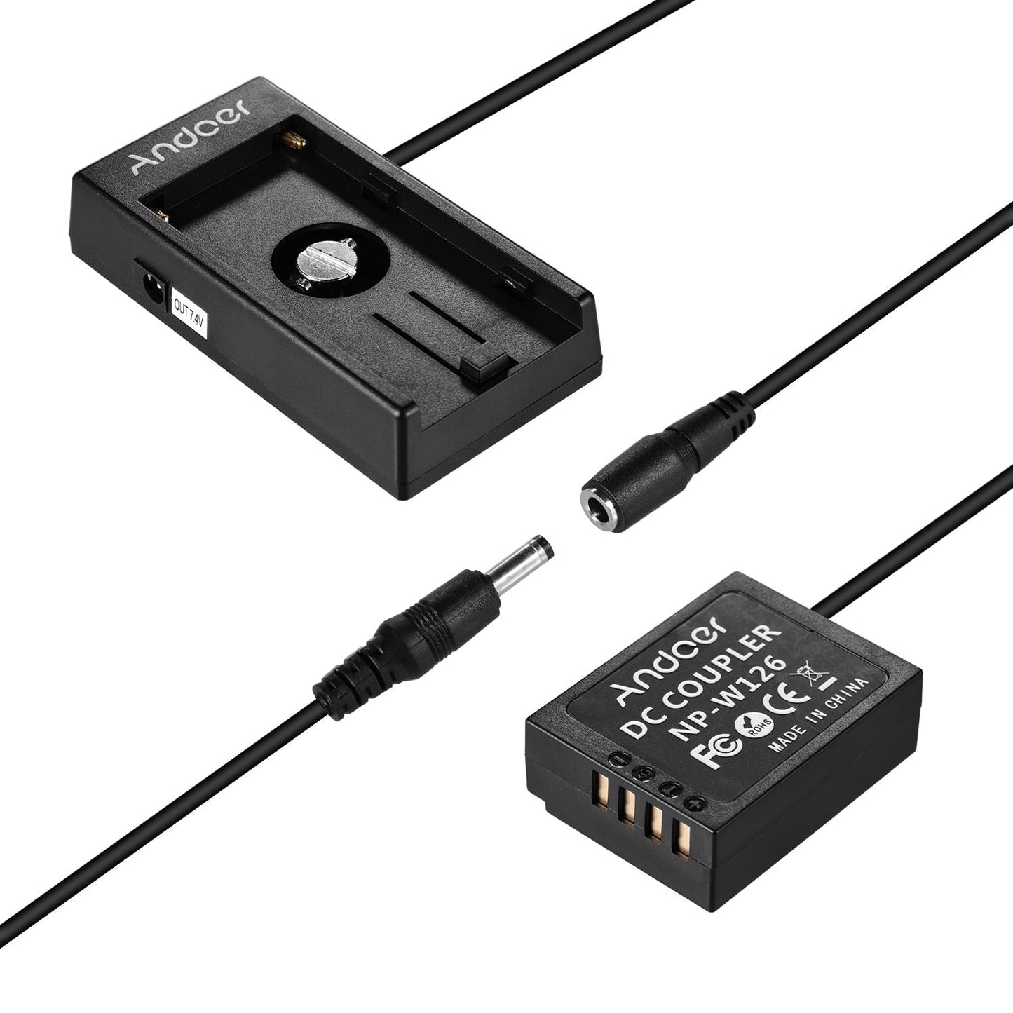 Andoer NP-W126 Dummy Battery Coupler with Straight Cable + - Straight Cable