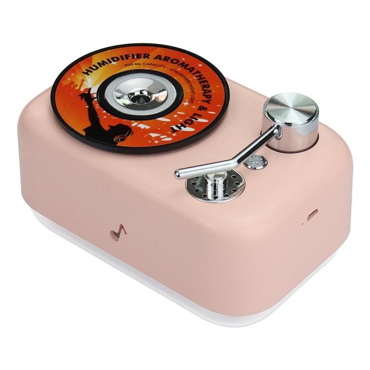300ML Retro Turntable Style Hollow Music Symbol Night Light Air Humidifier Purifier (Pink)