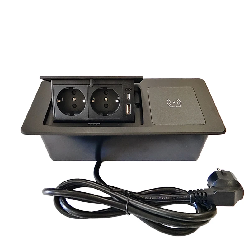 Desktop pop up Socket 2 EU plug with USB A&amp;C charging with Wireless charging with 1.8m power cable