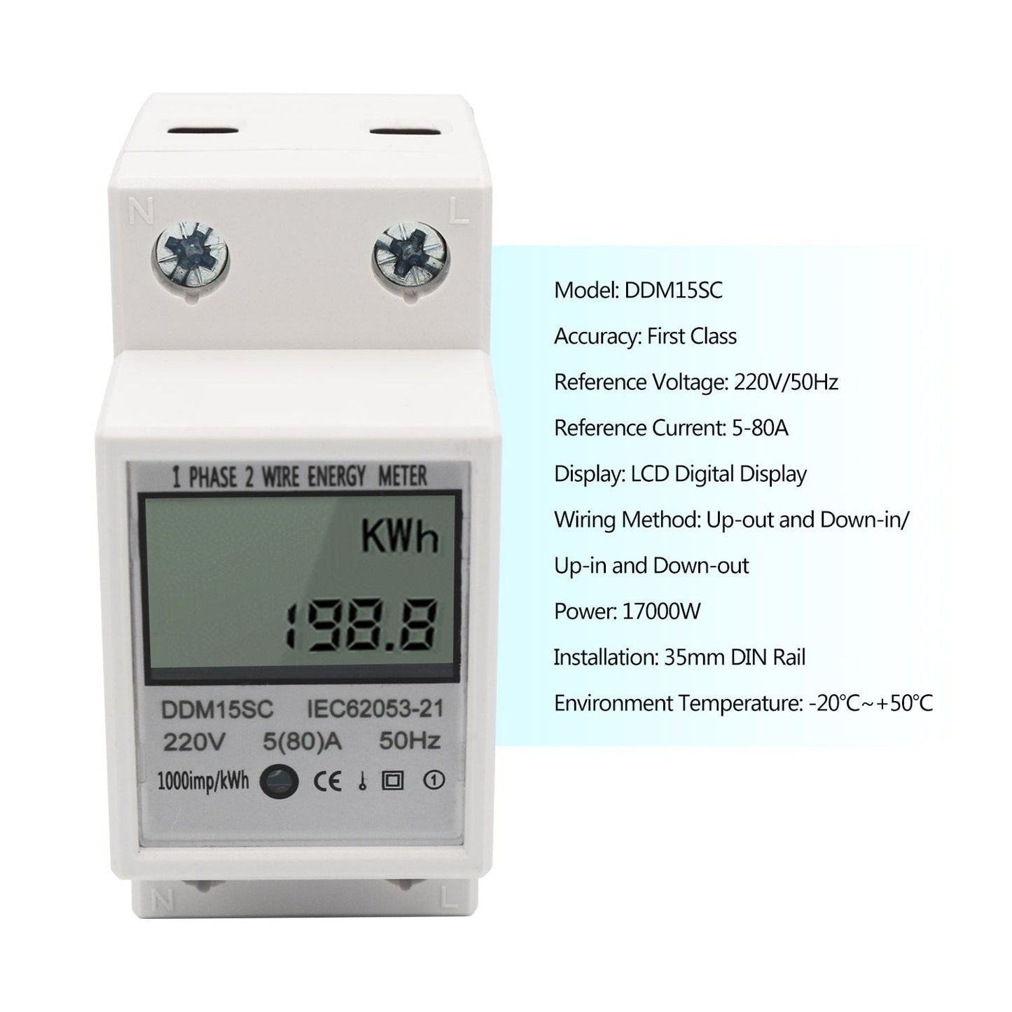 LCD Digital Display Single Phase DIN-Rail Energy Meter 5-80A