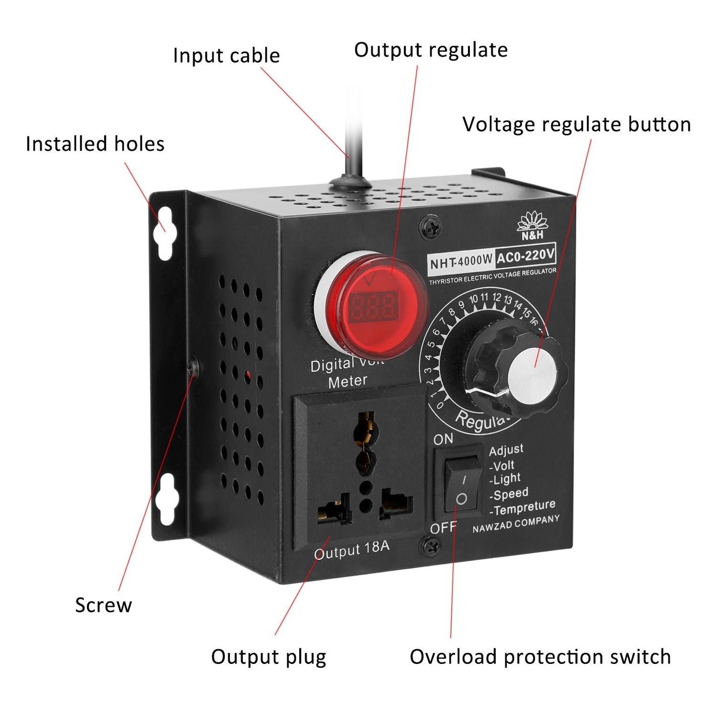 AC 220V 4000W Compact Variable Voltage Controller Portable - US Plug