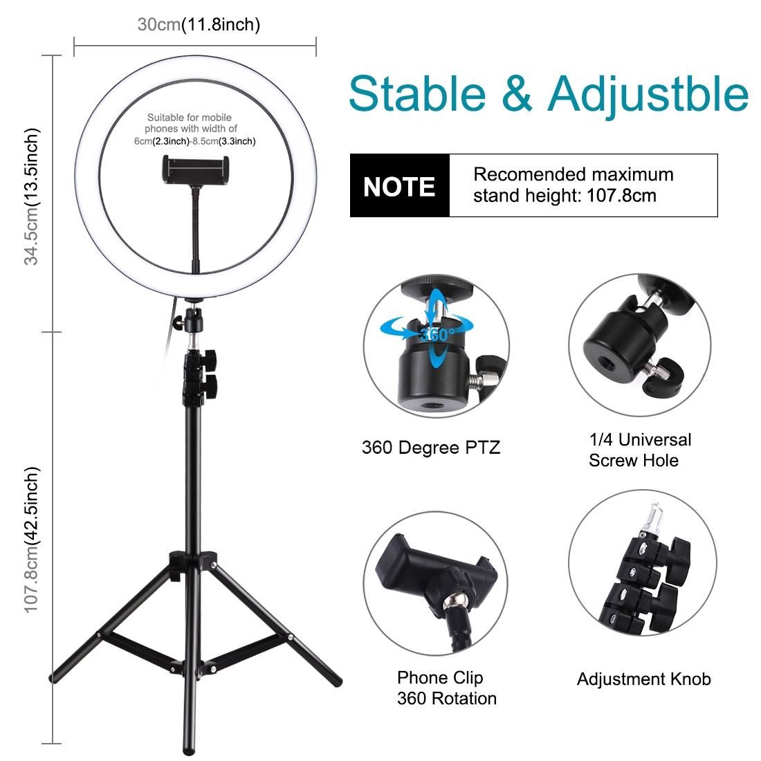 PULUZ 11.8 inch 30cm Light + 1.1m Tripod Mount 3 Modes Dimmable LED Ring Vlogging Video Light Live Broadcast Kits with Cold Shoe Tripod Ball Head & Phone Clamp (Black)