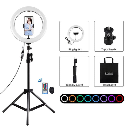 PULUZ 1.1m Tripod Mount + 10 inch 26cm Curved Surface RGBW LED Ring Vlogging Video Light  Live Broadcast Kits with Remote Control & Phone Clamp (Black)