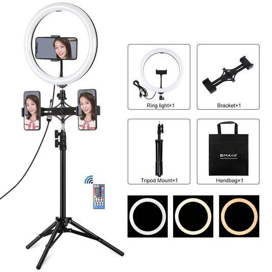 PULUZ 11.8 inch 30cm RGBW Light + 1.1m Tripod Mount + Dual Phone Brackets+ Curved Surface RGB Dimmable LED Dual Color Temperature LED Ring Vlogging Video Light  Live Broadcast Kits with Cold Shoe Tripod Ball Head & Phone Clamp & Remote Control (Black)
