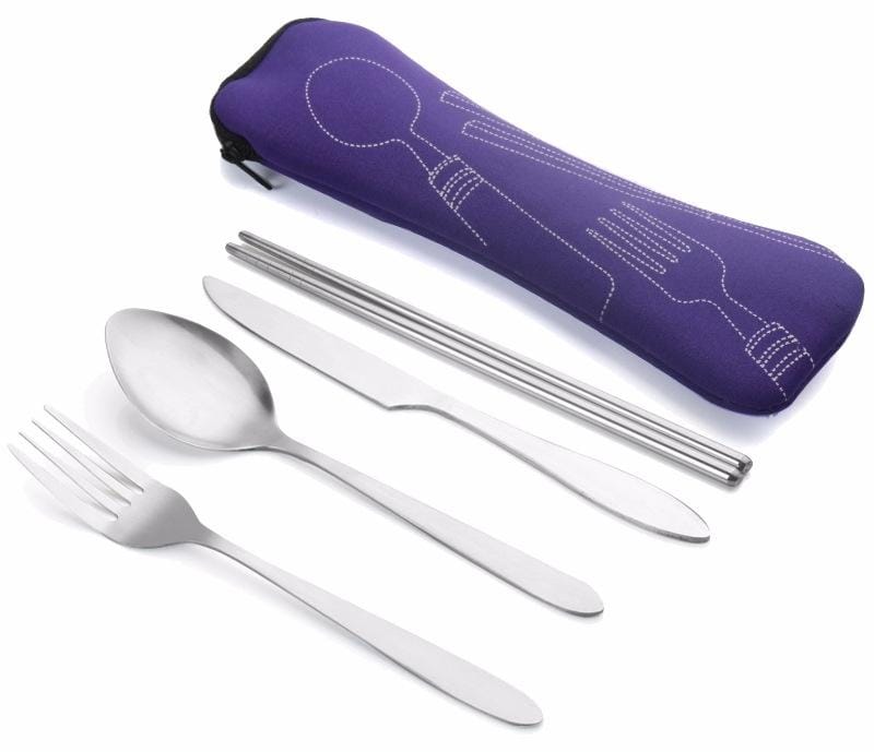 ASD88 4 Pcs/Set Stainless Steel Fork Spoon Chopsticks Travel Camping Cutlery Tools Tableware (Purple)