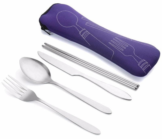 ASD88 4 Pcs/Set Stainless Steel Fork Spoon Chopsticks Travel Camping Cutlery Tools Tableware (Purple)