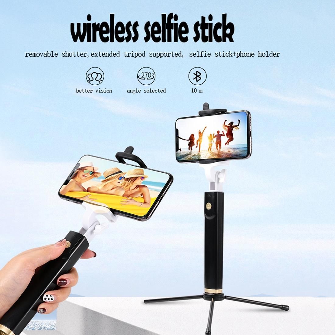 K08 Portable Foldable Wireless Bluetooth Shutter Remote Selfie Stick for iPhone and Android Phones, Tripod is not Included (Black)