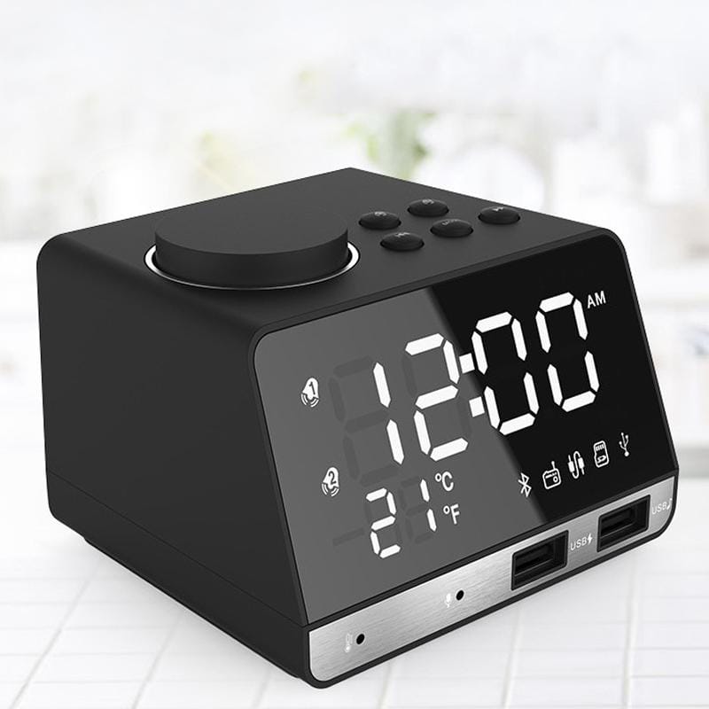 K11 Bluetooth Alarm Clock Speaker Creative Digital Music Clock Display Radio with Dual USB Interface, Support U Disk / TF Card / FM / AUX, EU Plug (White)